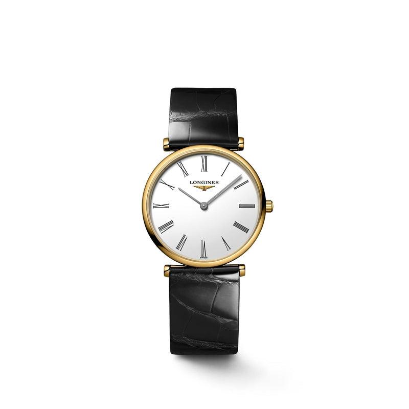 Longines La Grande Classique watch with a 29mm yellow PVD case, white dial, Roman numerals, and a black alligator strap.