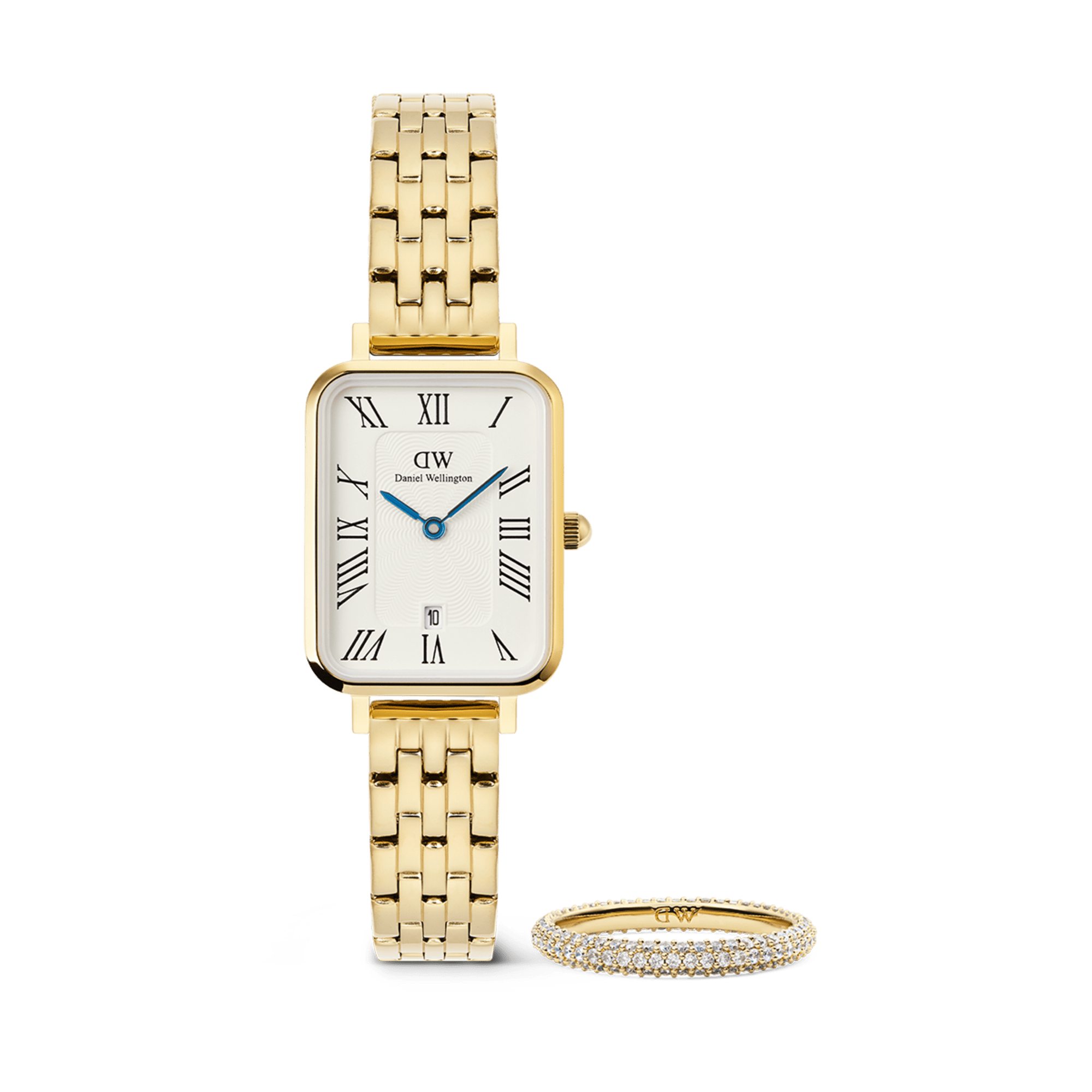 Daniel Wellington Bundle : Quadro Roman Numerals Date + Pavé Ring 3mm Gold Set