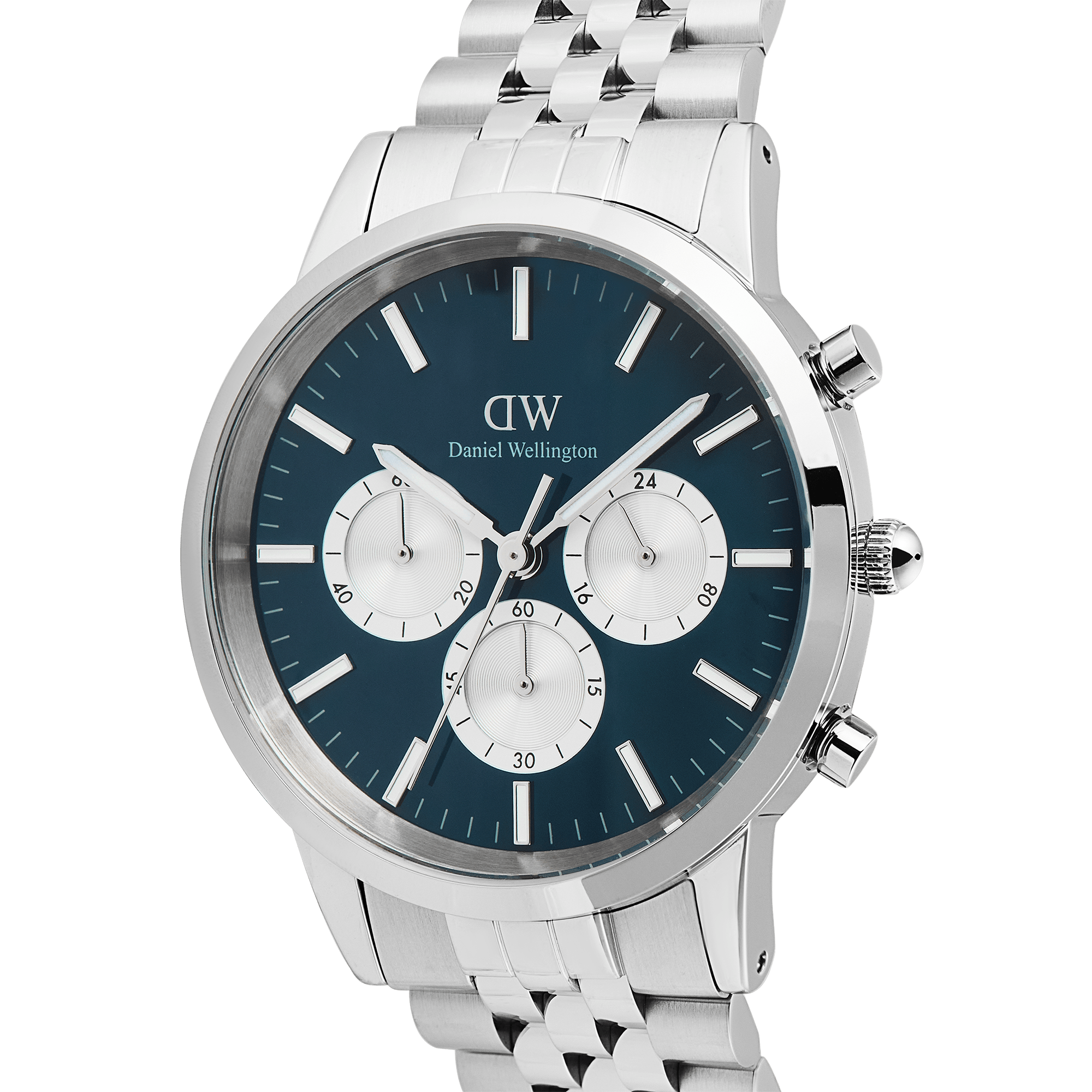 Daniel Wellington Bundle : Iconic Chronograph Panda + Ellipse Cuban Chain Bracelet Silver Set