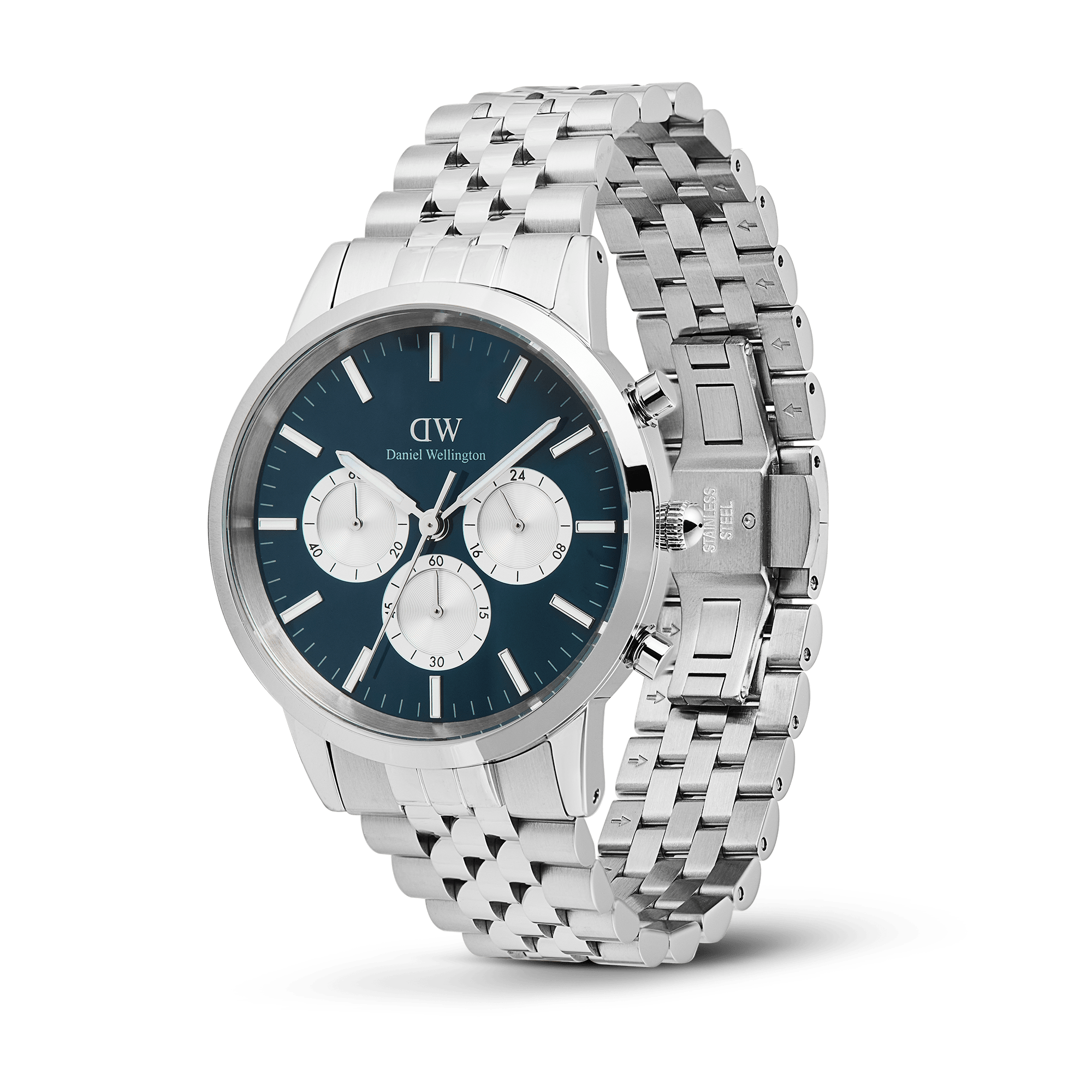 Daniel Wellington Bundle : Iconic Chronograph Panda + Ellipse Cuban Chain Bracelet Silver Set