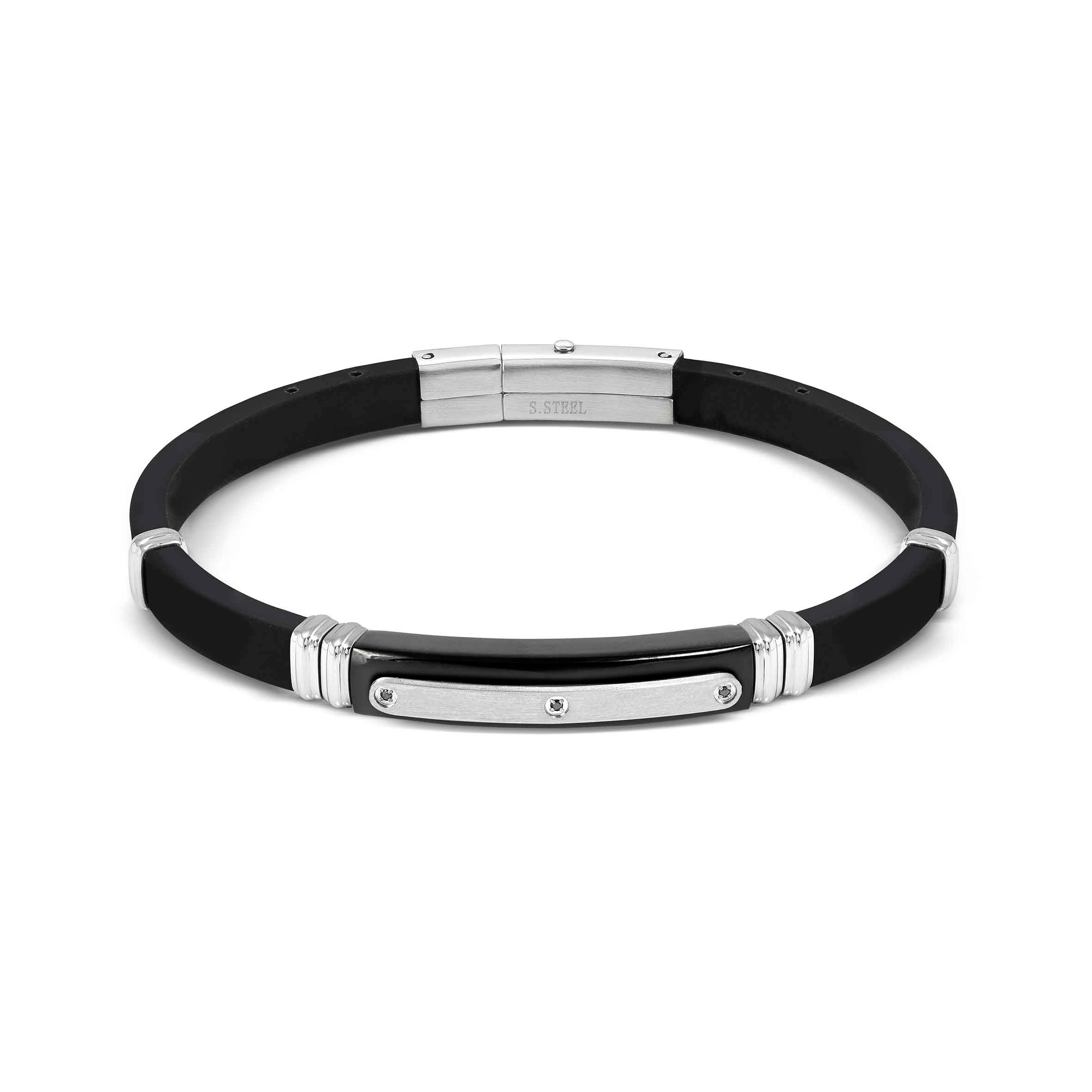 Men's Black Rubber Stainless Steel Bracelet with Black CZ Plate
