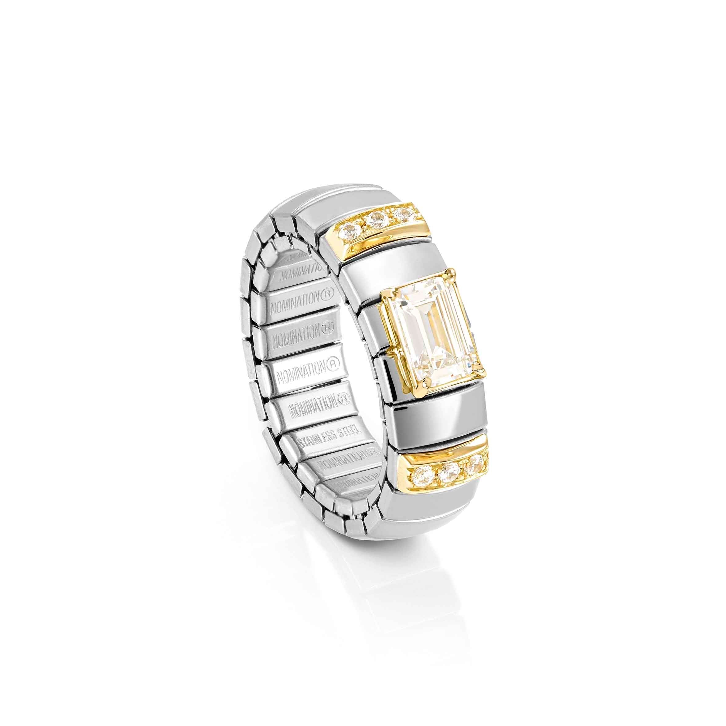 Elegant Stretchable Gold Stainless Steel Ring featuring Dazzling Baguette Cubic Zirconia