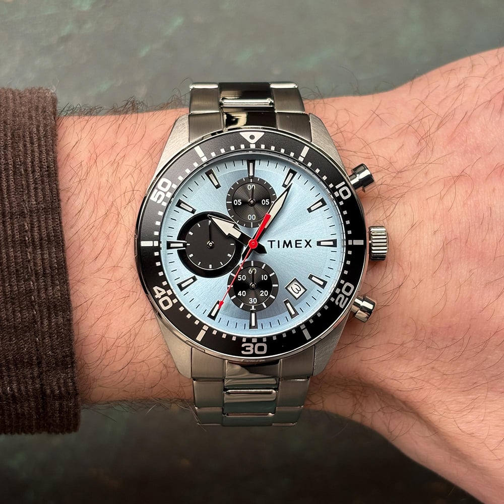 Timex Ridgefield Chronograph Stainless Steel Bracelet Watch Light Blue Dial