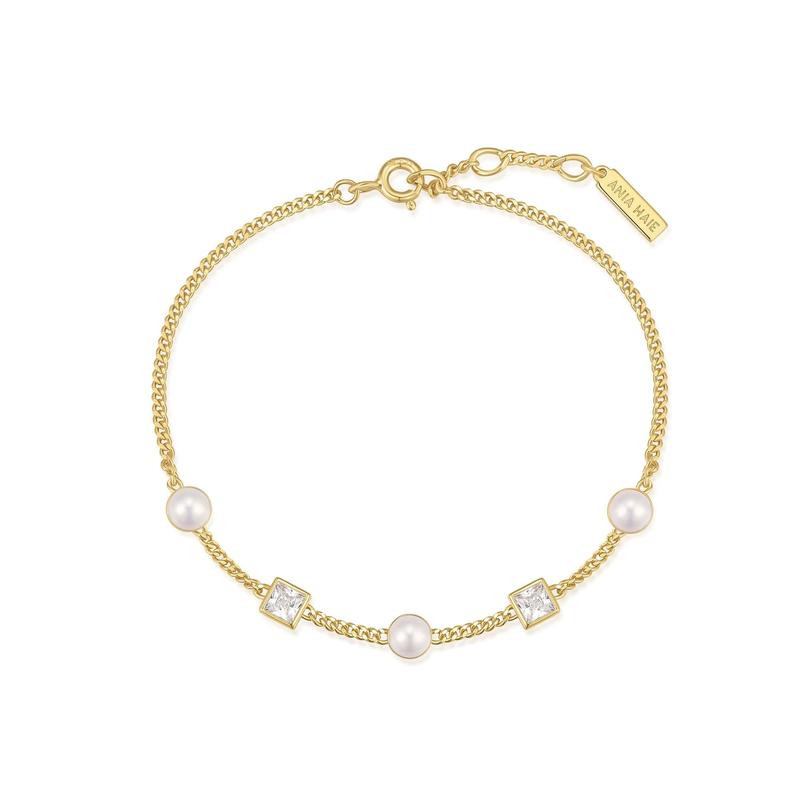 Ania Haie Gold Bezel-Set Cube and Pearl Station Minimalist Bracelet
