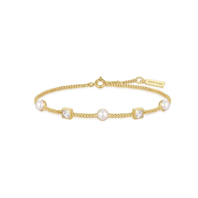 Ania Haie Gold Bezel-Set Cube and Pearl Station Minimalist Bracelet
