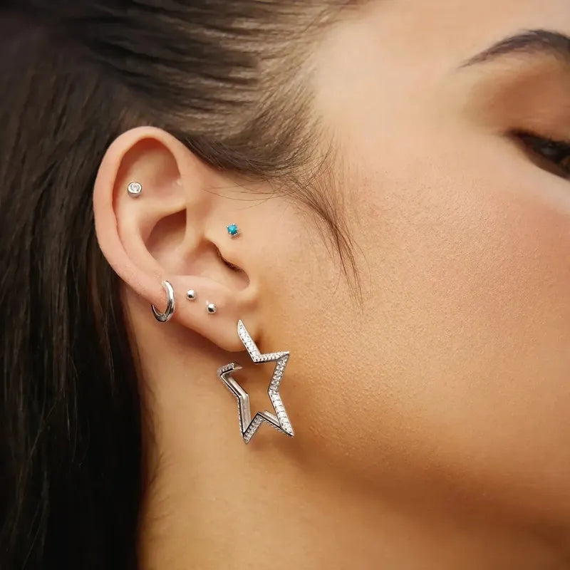 Ania Haie Silver Large Star-Shaped Pavé Hoop Earrings