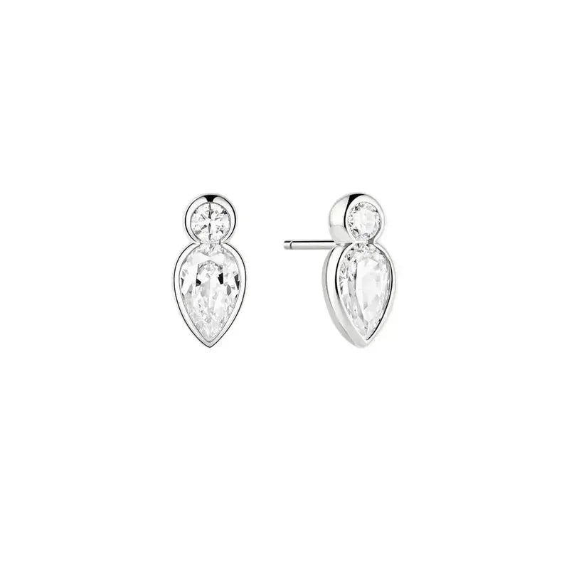 A pair of silver stud earrings with pear-cut clear gemstones, shown on a clean white background with one earring facing forward and the other showing the side profile and post.
