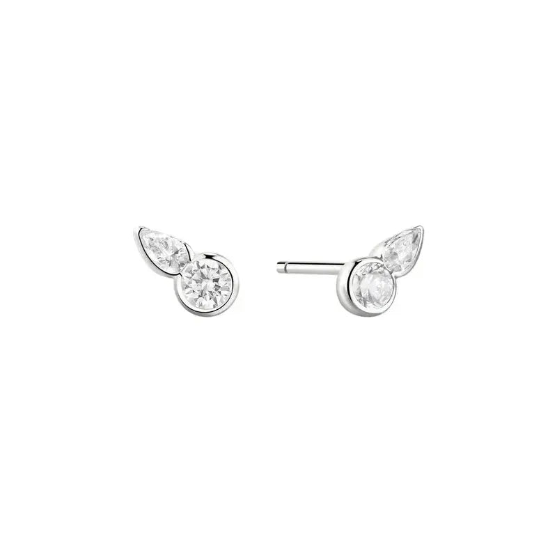 A pair of silver stud earrings with marquise-cut clear stones and oval clear stones, shown on a light gray background.