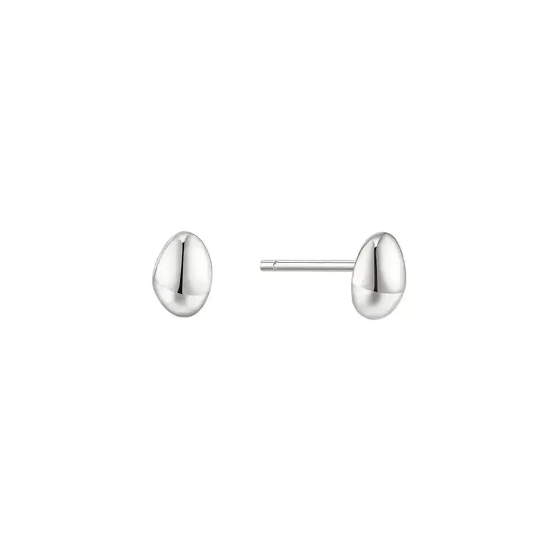 A pair of polished silver stud earrings with a unique teardrop or egg-shaped design, shown on a clean white background with subtle reflections.