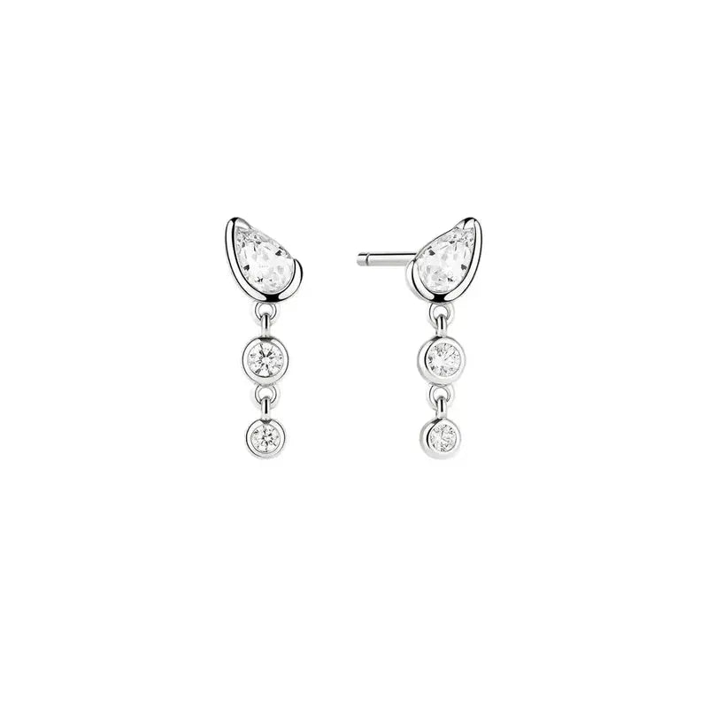 A pair of silver drop earrings with teardrop-shaped clear gemstones and three round clear gemstones dangling below