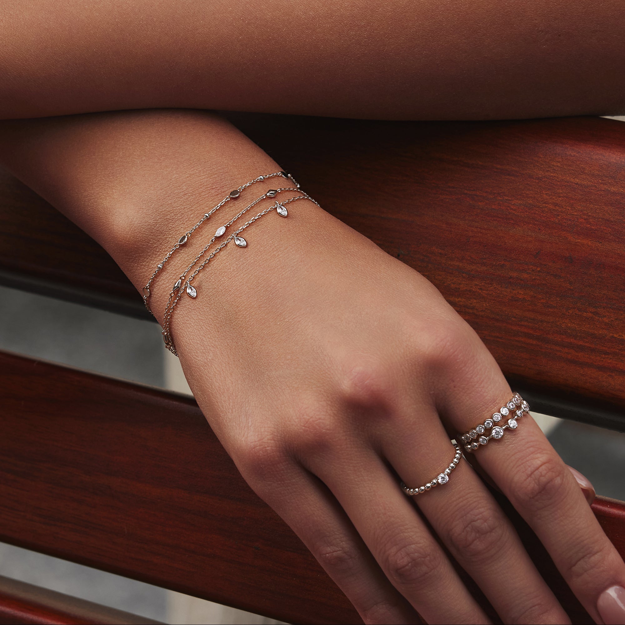 Elegant Silver Rhombus Station Bracelet with Rhodium-Plated Cubic Zirconia