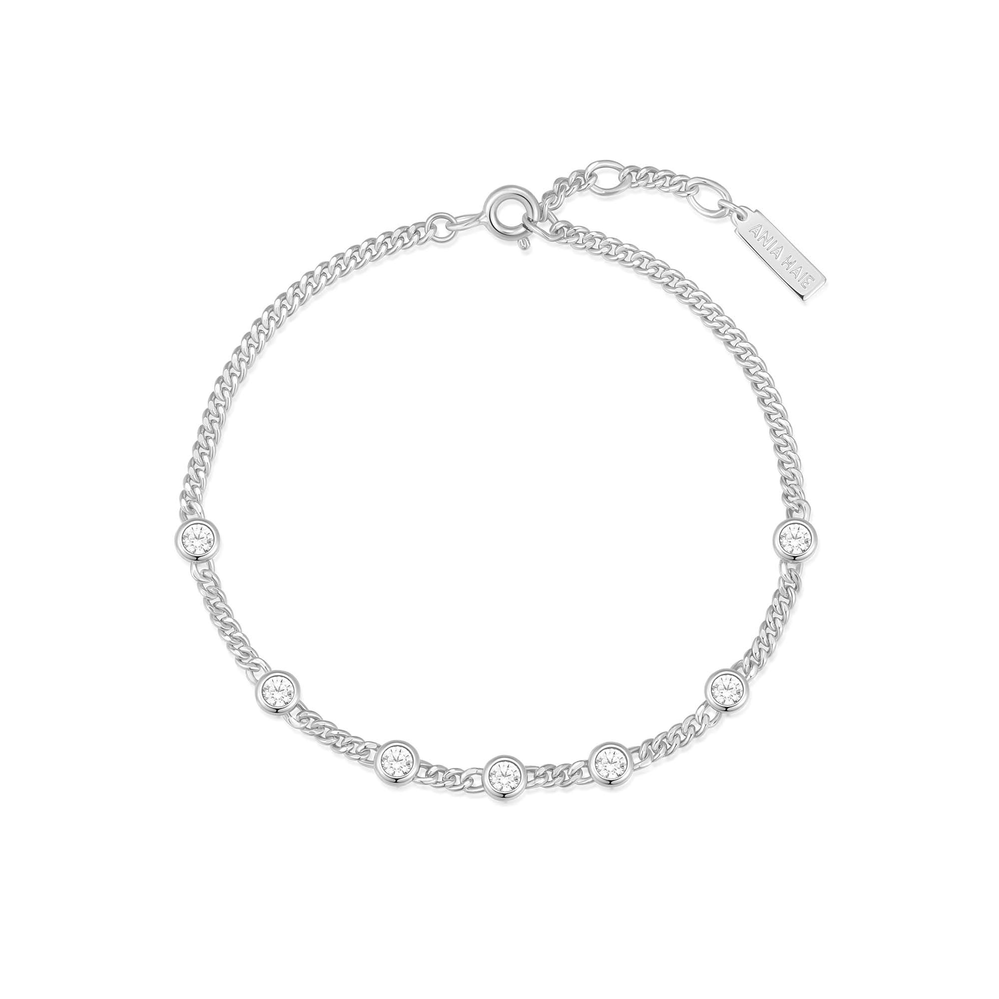 Elegant Silver Multi‑Station Round Stone Chain Bracelet with Rhodium Plating