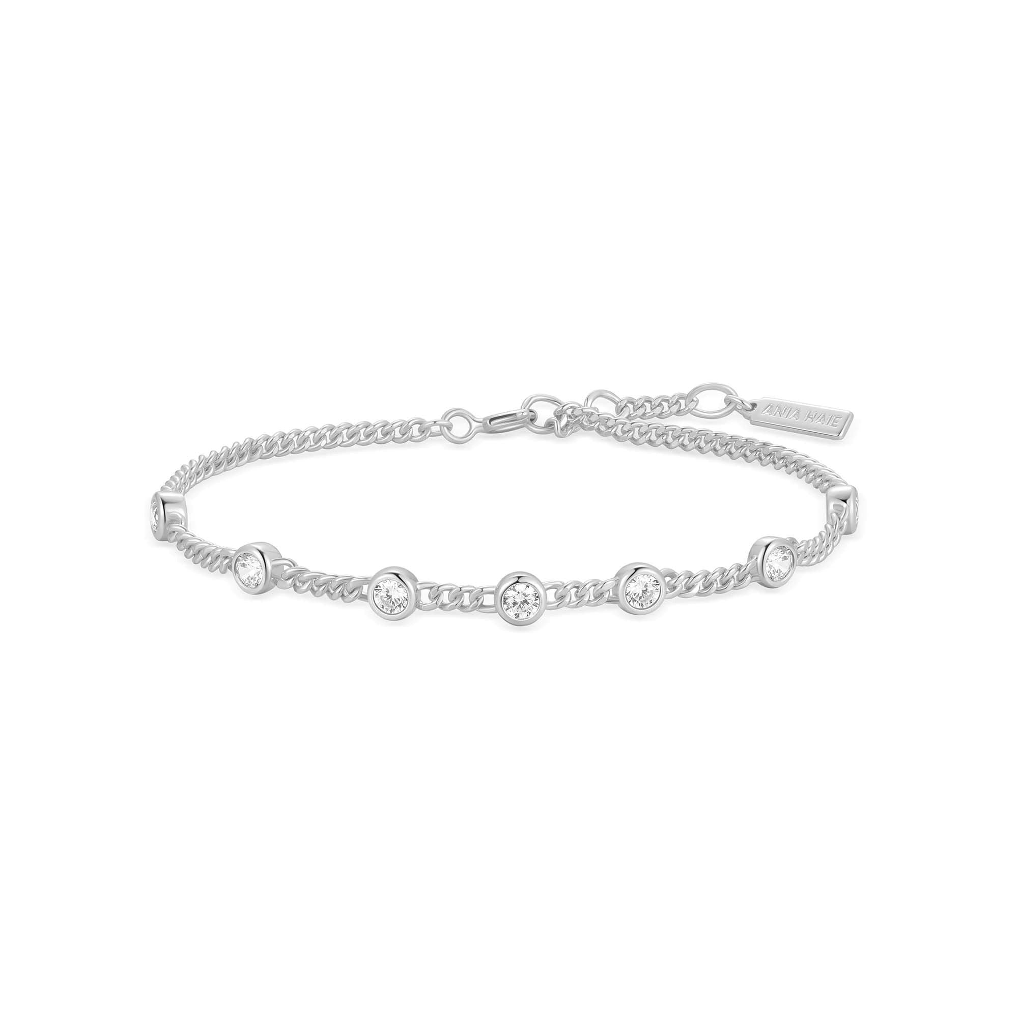 Elegant Silver Multi‑Station Round Stone Chain Bracelet with Rhodium Plating