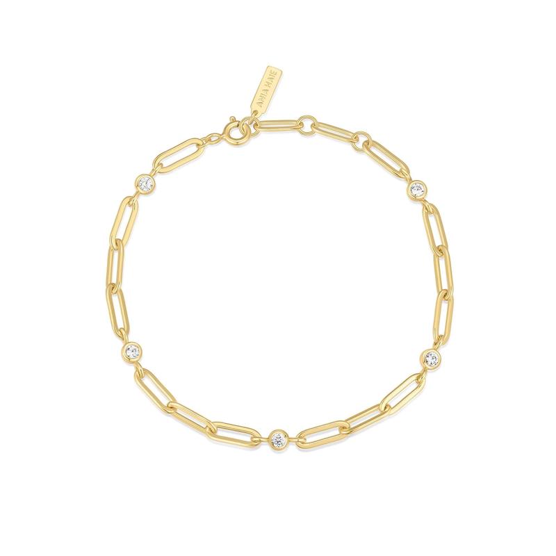 Gold Bezel Station Paper Clip Chain Bracelet with 14k Plating