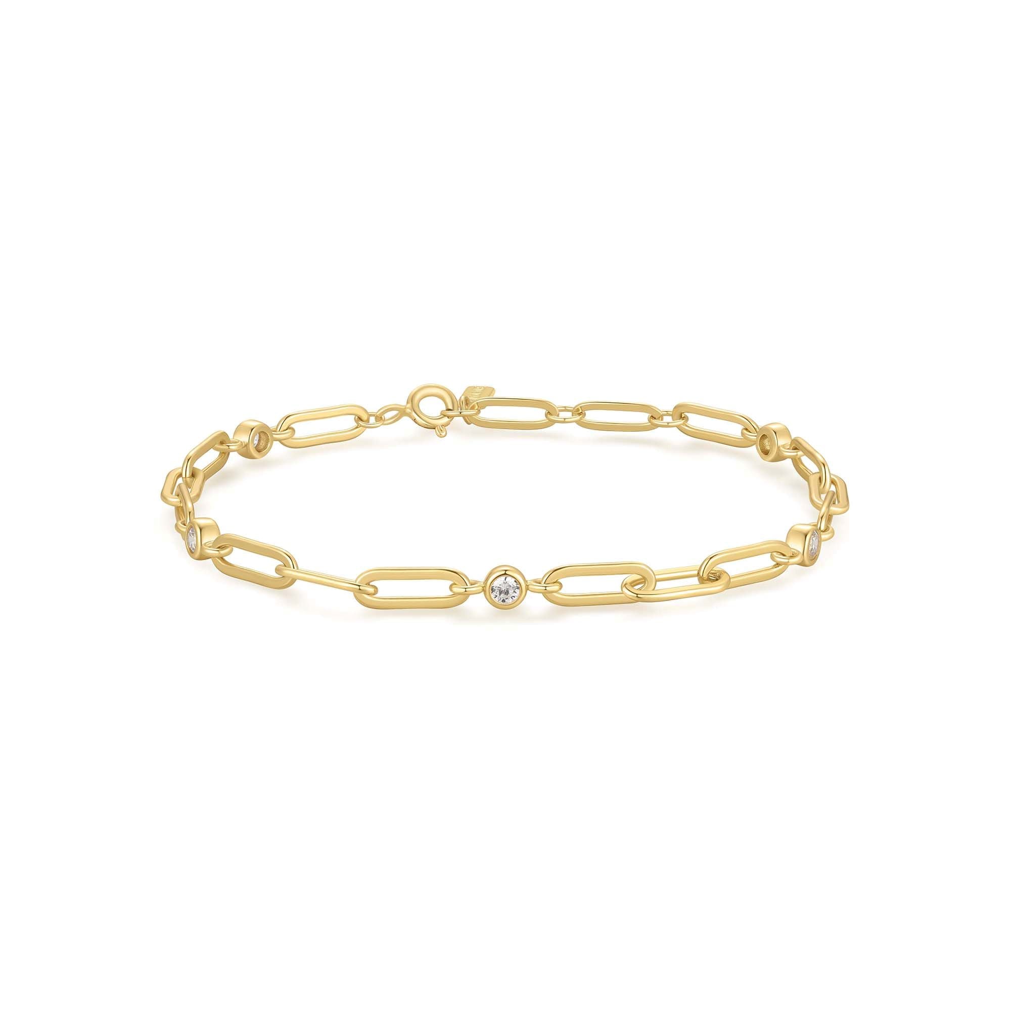 Gold Bezel Station Paper Clip Chain Bracelet with 14k Plating