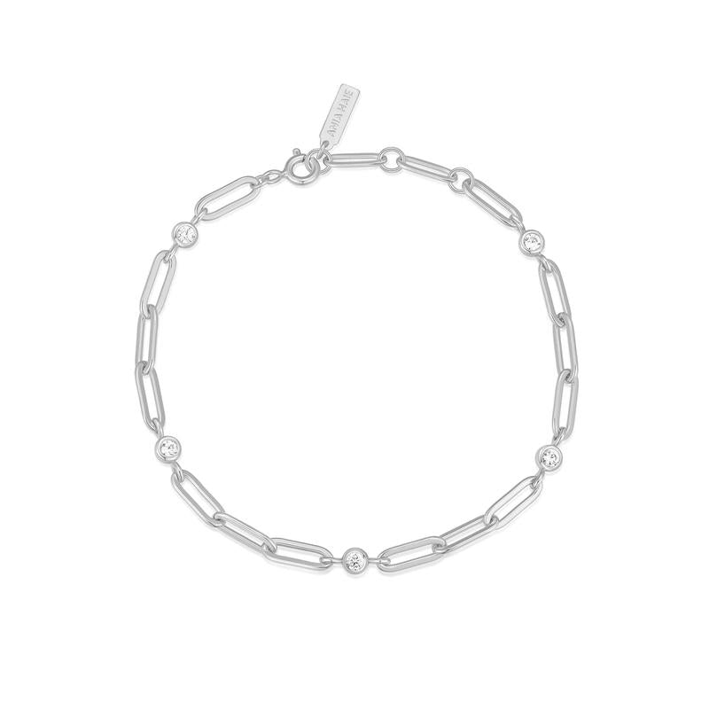 Silver Bezel Station Paper Clip Chain Bracelet