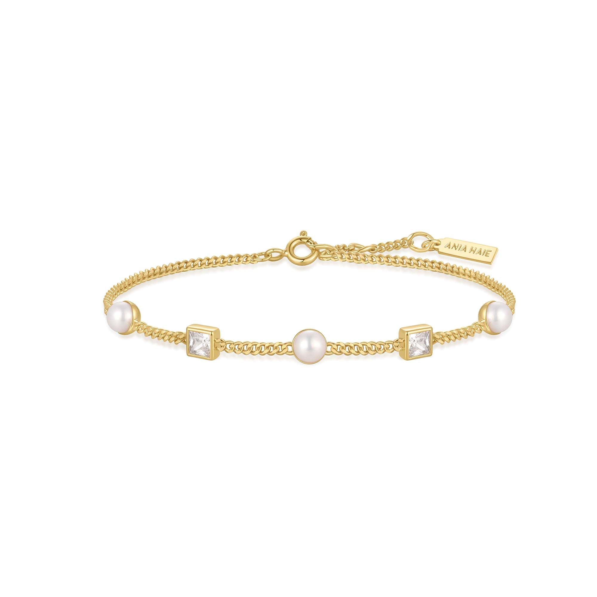 Gold Bezel-Set Cube and Pearl Station Minimalist Bracelet