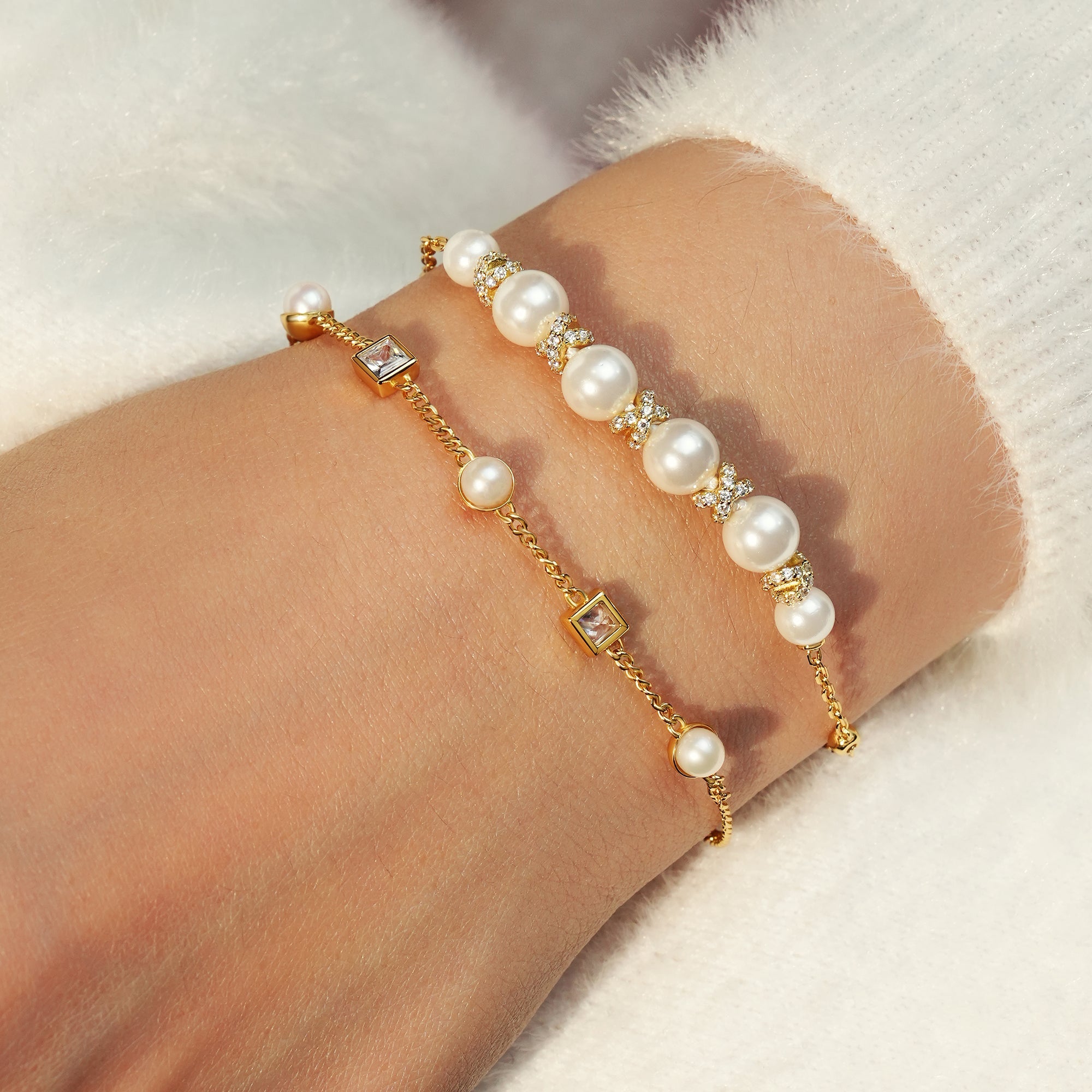 Gold Bezel-Set Cube and Pearl Station Minimalist Bracelet