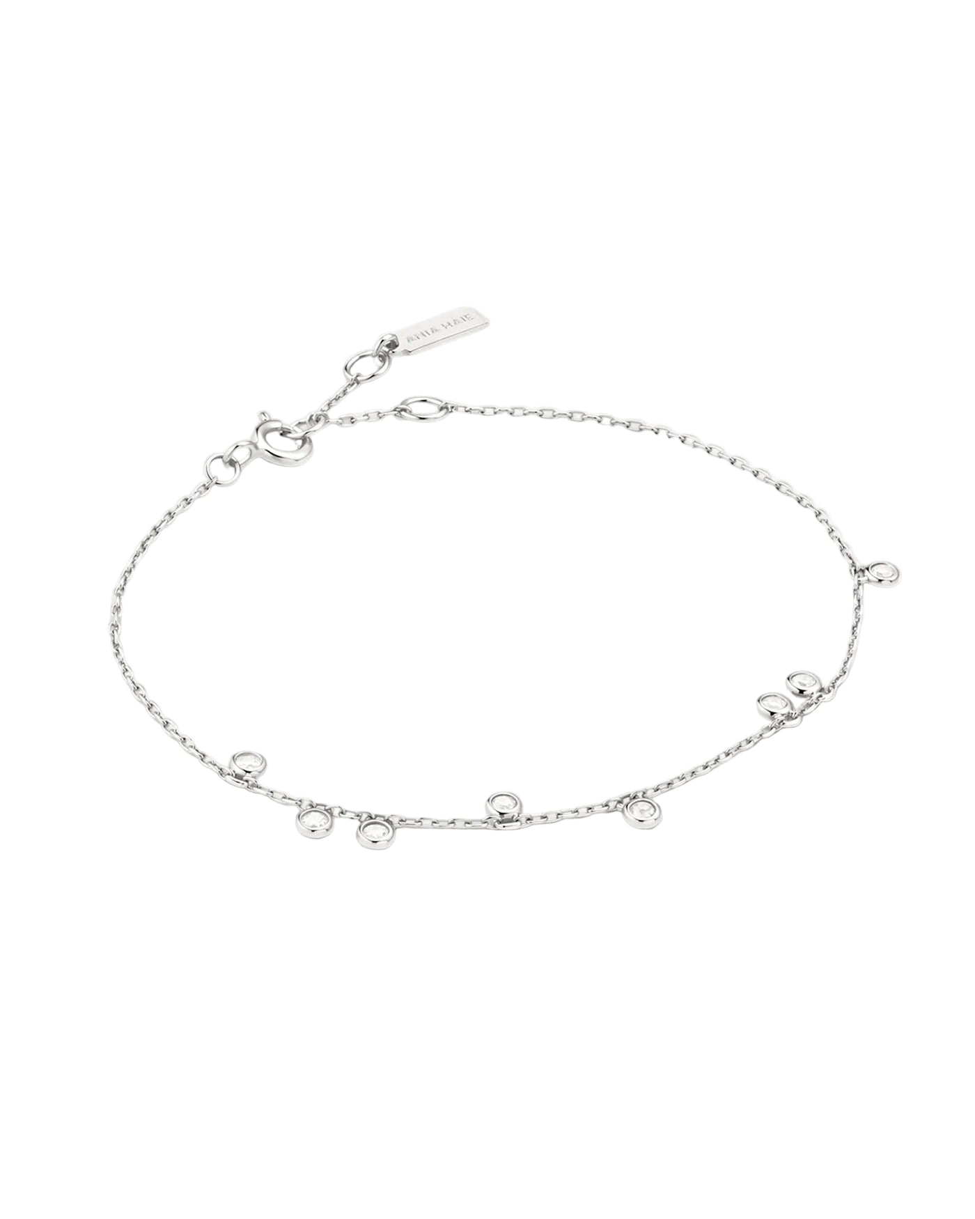 A delicate silver chain anklet with small dangling bead charms and a lobster clasp, displayed on a clean white background.