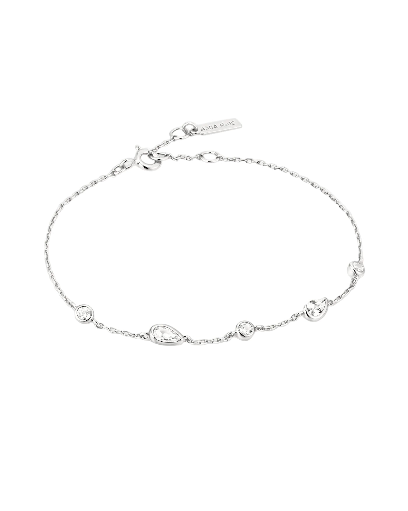 A delicate silver chain bracelet with small teardrop-shaped links and a lobster clasp, displayed on a clean white background.
