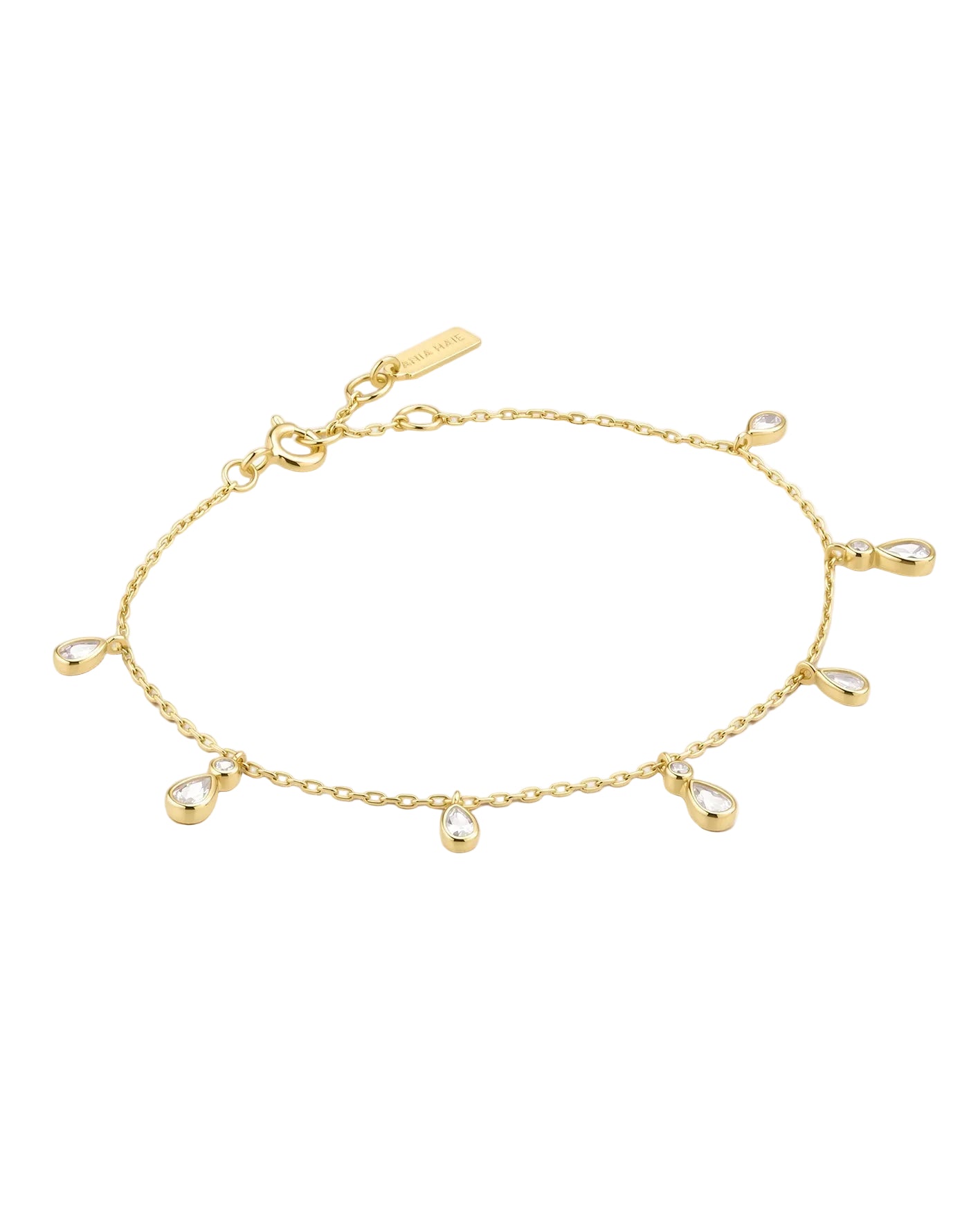 A delicate gold chain bracelet with seven small teardrop-shaped gold charms, displayed on a clean white background.