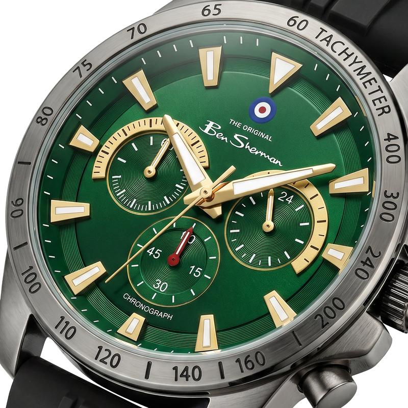 Ben Sherman Men’s Black Chronograph Watch with Green Dial and Silicone Strap
