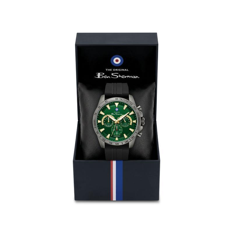Ben Sherman Men’s Black Chronograph Watch with Green Dial and Silicone Strap