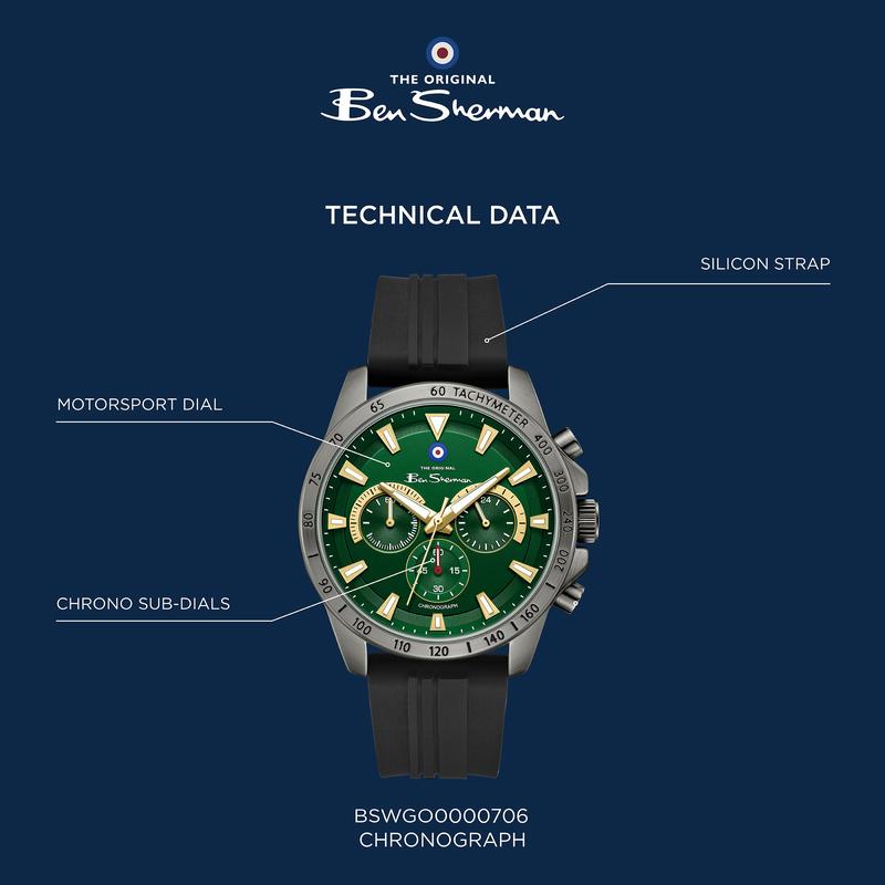 Ben Sherman Men’s Black Chronograph Watch with Green Dial and Silicone Strap