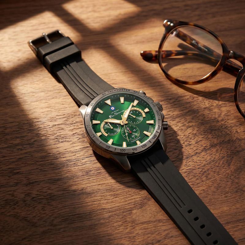 Ben Sherman Men’s Black Chronograph Watch with Green Dial and Silicone Strap