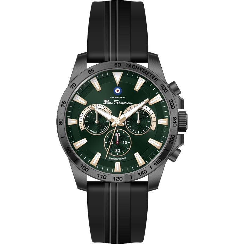 Ben Sherman Men’s Black Chronograph Watch with Green Dial and Silicone Strap