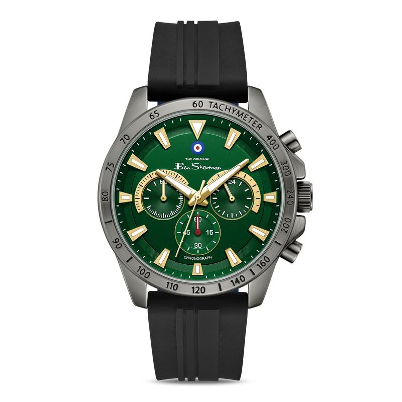 Ben Sherman Men’s Black Chronograph Watch with Green Dial and Silicone Strap