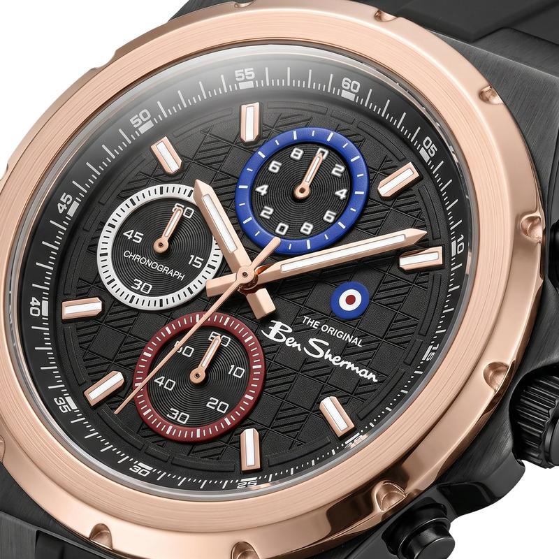 Ben Sherman Men's Black & Rose Gold Chronograph Watch with Black Silicone Strap