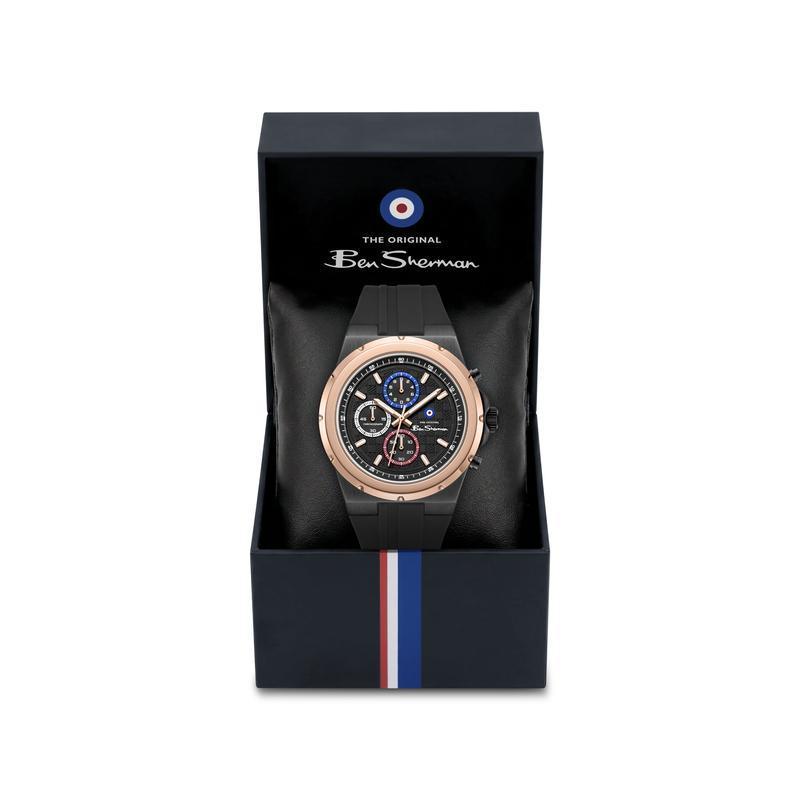 Ben Sherman Men's Black & Rose Gold Chronograph Watch with Black Silicone Strap