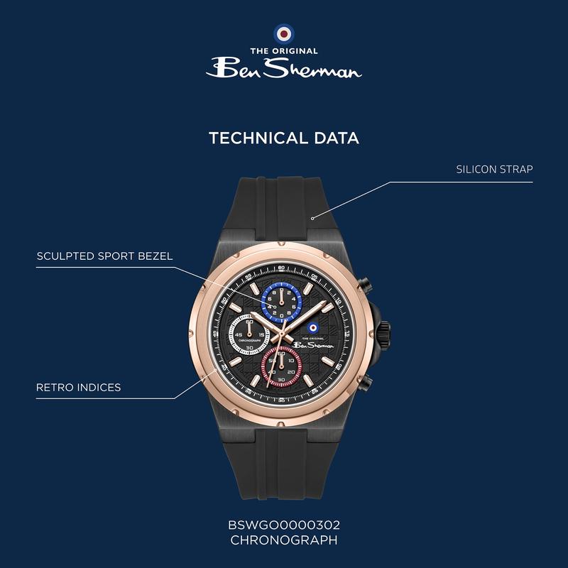 Ben Sherman Men's Black & Rose Gold Chronograph Watch with Black Silicone Strap