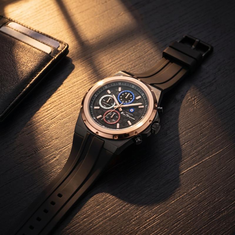 Ben Sherman Men's Black & Rose Gold Chronograph Watch with Black Silicone Strap