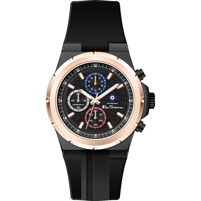 Ben Sherman Men's Black & Rose Gold Chronograph Watch with Black Silicone Strap