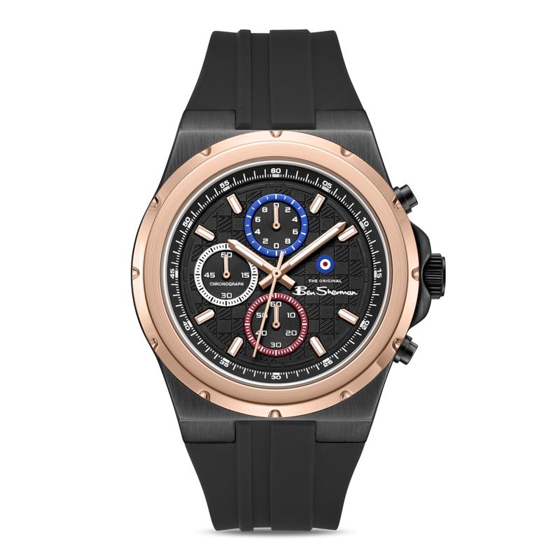 Ben Sherman Men's Black & Rose Gold Chronograph Watch with Black Silicone Strap