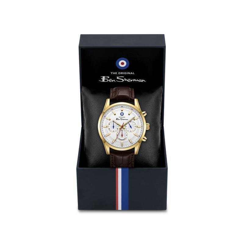 Ben Sherman Men's Gold-Tone Chronograph Watch with White Dial & Brown Leather Strap