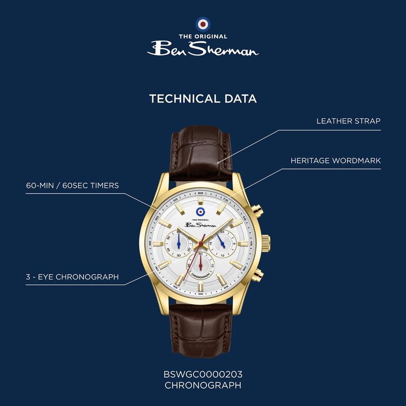 Ben Sherman Men's Gold-Tone Chronograph Watch with White Dial & Brown Leather Strap