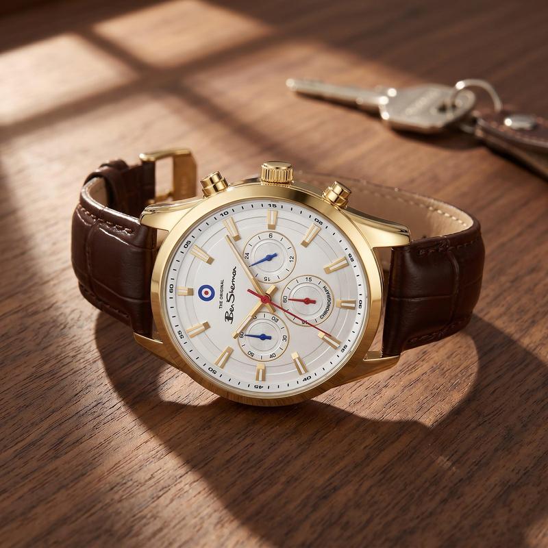 Ben Sherman Men's Gold-Tone Chronograph Watch with White Dial & Brown Leather Strap