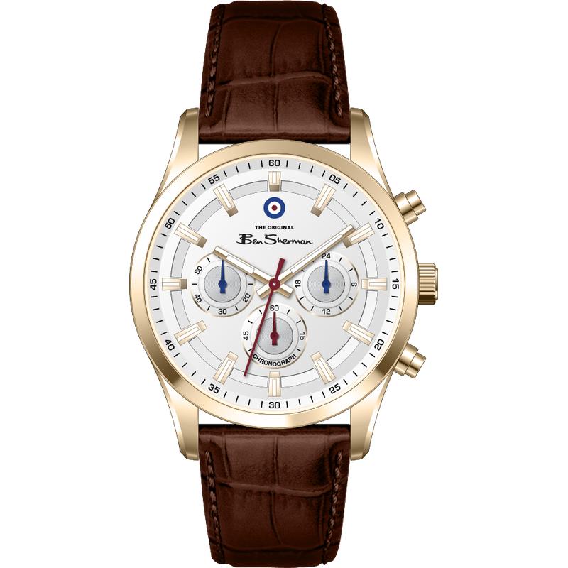 Ben Sherman Men's Gold-Tone Chronograph Watch with White Dial & Brown Leather Strap