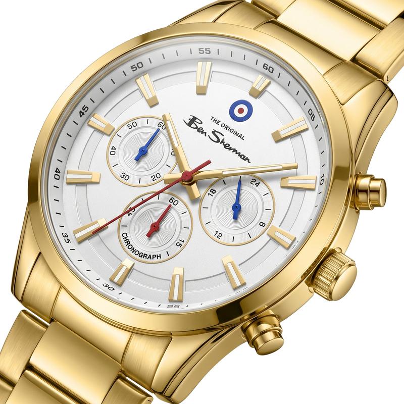 Ben Sherman Men's Gold-Tone Chronograph Watch with White Dial & Gold Stainless Steel Bracelet