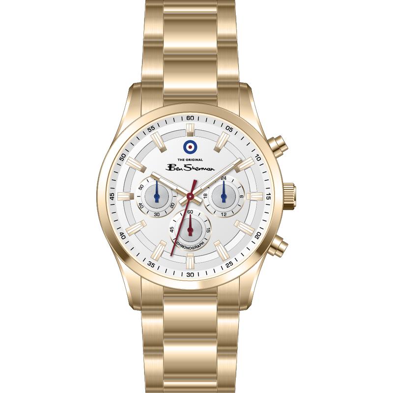 Ben Sherman Men's Gold-Tone Chronograph Watch with White Dial & Gold Stainless Steel Bracelet