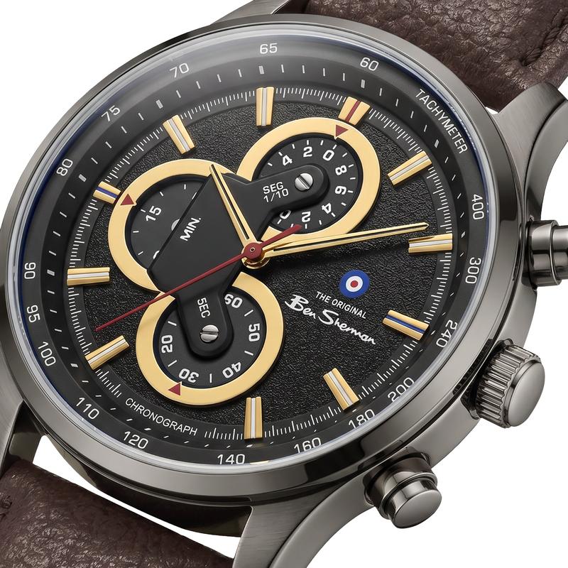 Ben Sherman Men’s Gunmetal Chronograph Watch with Black Dial and Brown Leather Strap