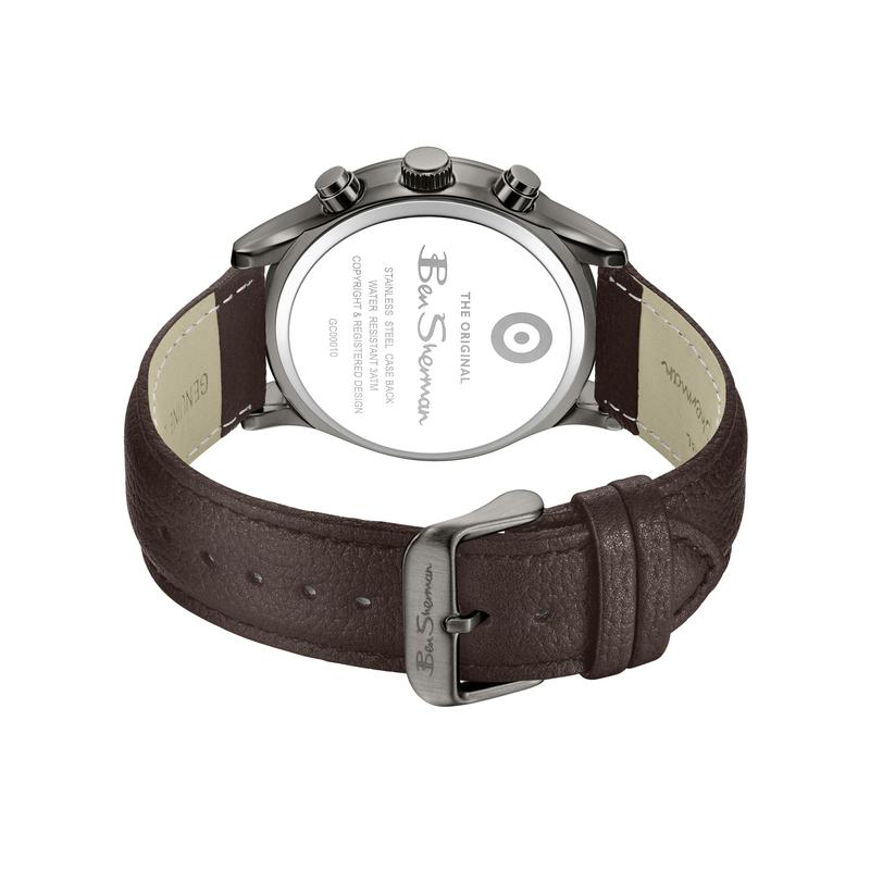 Ben Sherman Men’s Gunmetal Chronograph Watch with Black Dial and Brown Leather Strap