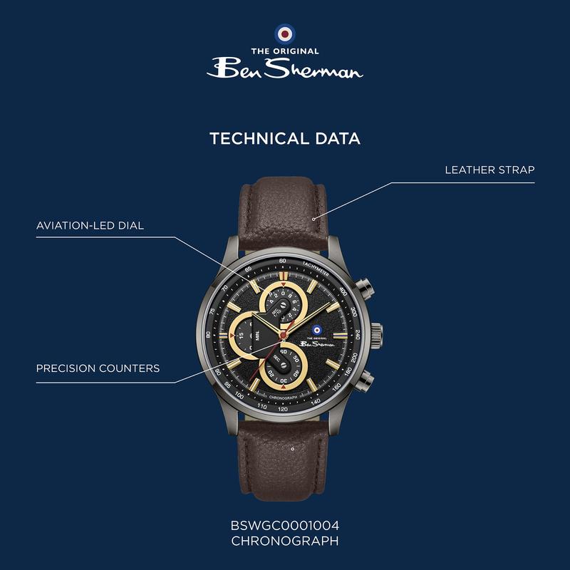 Ben Sherman Men’s Gunmetal Chronograph Watch with Black Dial and Brown Leather Strap