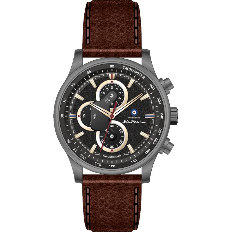 Ben Sherman Men’s Gunmetal Chronograph Watch with Black Dial and Brown Leather Strap