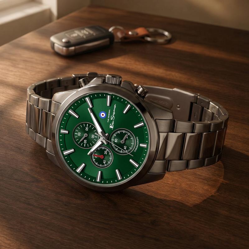 Ben Sherman Men's Gunmetal Chronograph Watch with Green Dial & Gunmetal Stainless Steel Bracelet