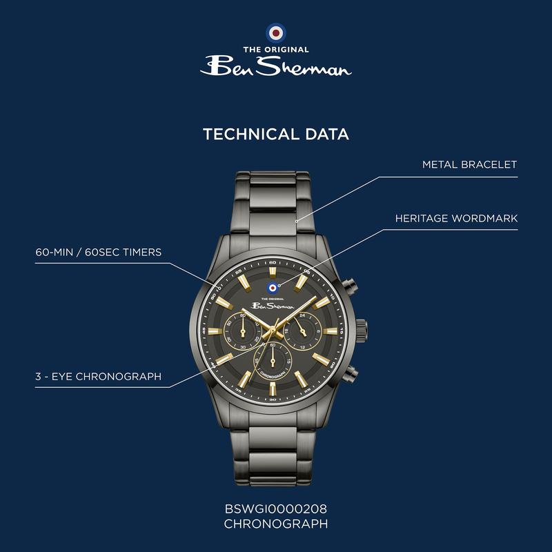 Ben Sherman Men's Gunmetal Chronograph Watch with Grey Dial & Black Stainless-Steel Bracelet