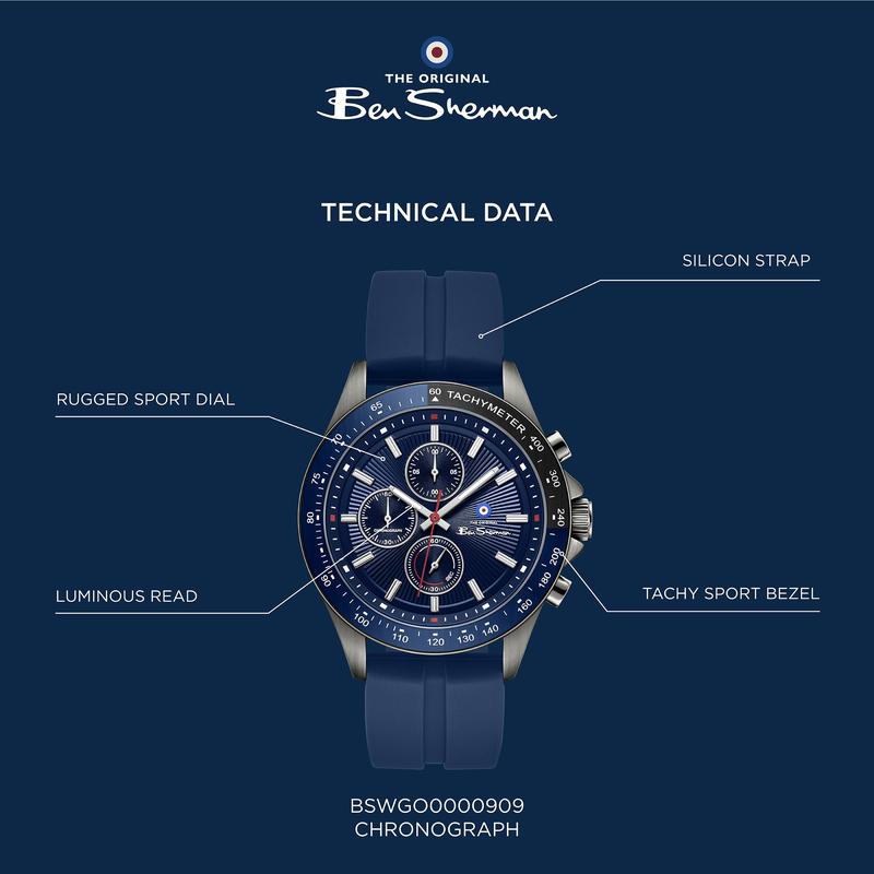 Ben Sherman Men’s Gunmetal Chronograph Watch with Navy Dial and Silicone Strap